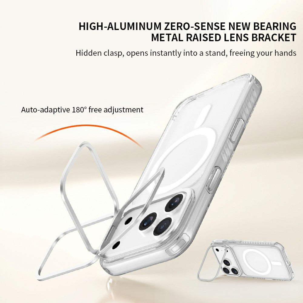 ZGA til iPhone 18 Pro Magnetisk Cover Linseramme Støtteben Gennemsigtig PC TPU Telefoncover