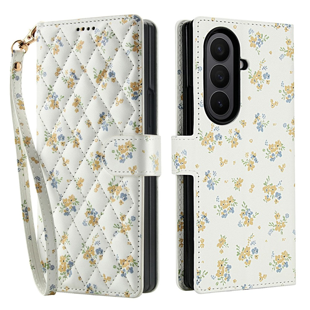 Til Samsung Galaxy Z Fold8 Ultra Pung Etui med Rhombisk Blomsterdesign, Læder Flip Telefoncover med Rem