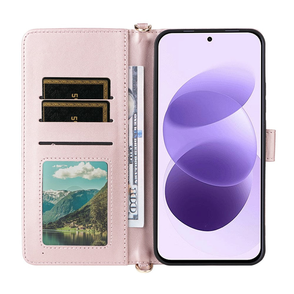 For Xiaomi Redmi Note 17 4G (Global) / Note 17 5G (Global) / Note 17 (India / China) 5G    Leather Case Stand Wallet Phone Cover with Shoulder / Wrist Strap