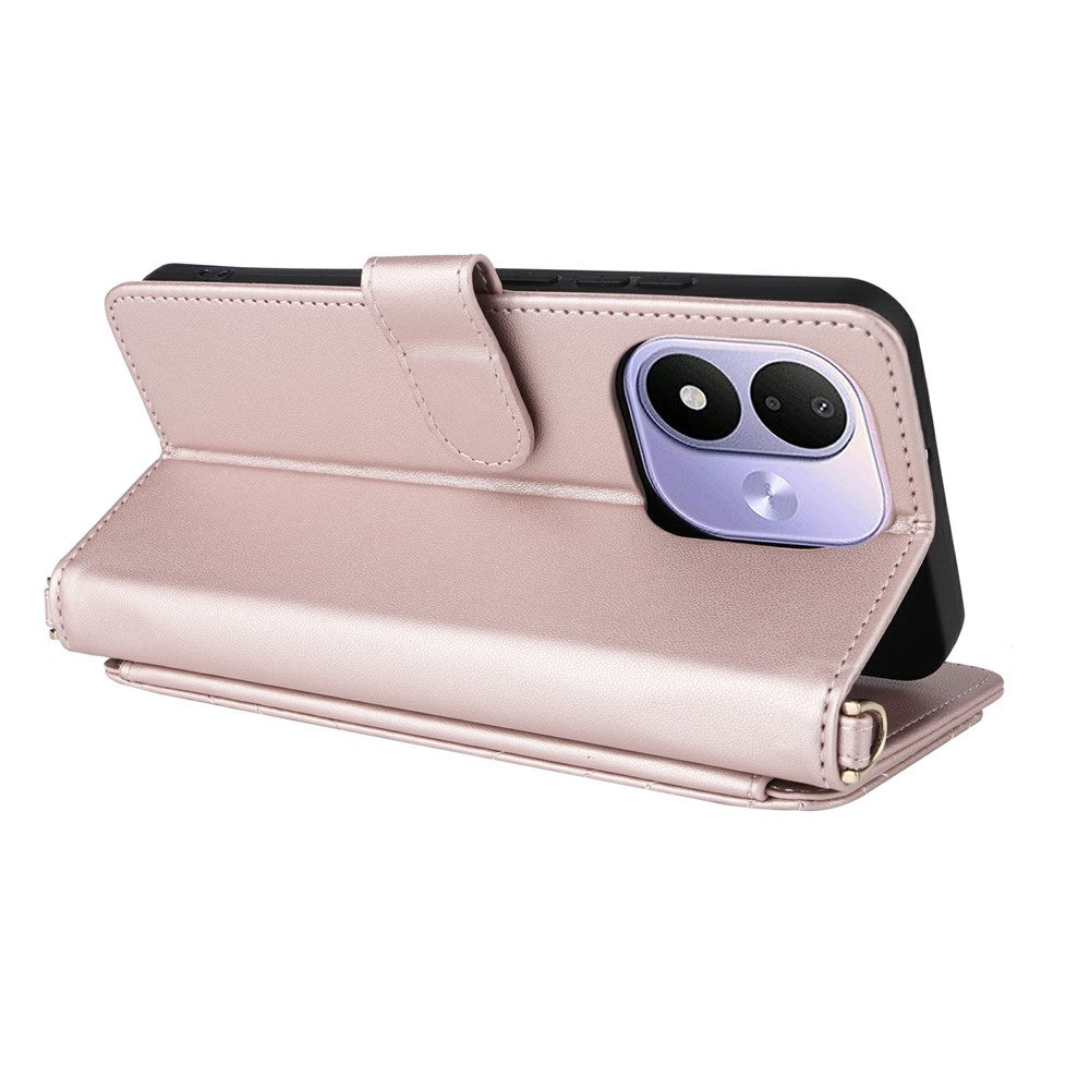 For Xiaomi Redmi Note 17 4G (Global) / Note 17 5G (Global) / Note 17 (India / China) 5G    Leather Case Stand Wallet Phone Cover with Shoulder / Wrist Strap