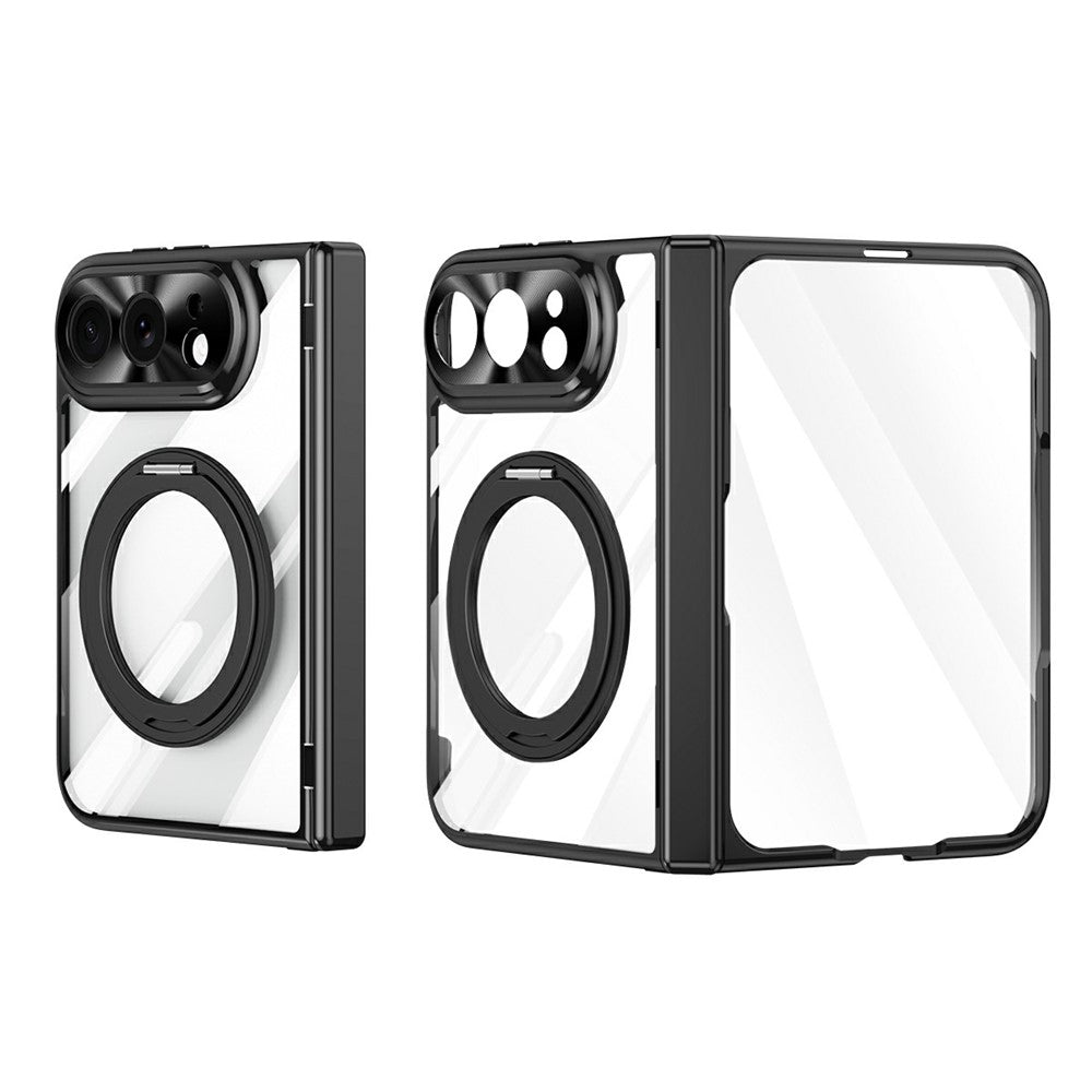 For iPhone Fold Case with Tempered Glass Screen Protector Rotatable Ring Kickstand PC Cover