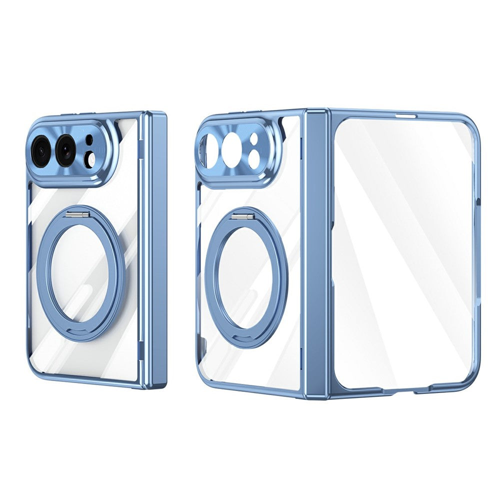 For iPhone Fold Case with Tempered Glass Screen Protector Rotatable Ring Kickstand PC Cover