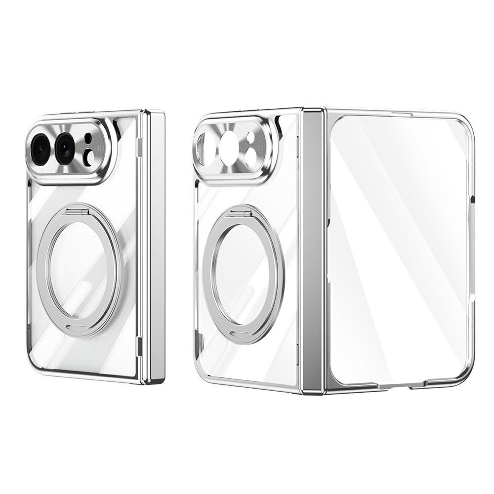 For iPhone Fold Case with Tempered Glass Screen Protector Rotatable Ring Kickstand PC Cover