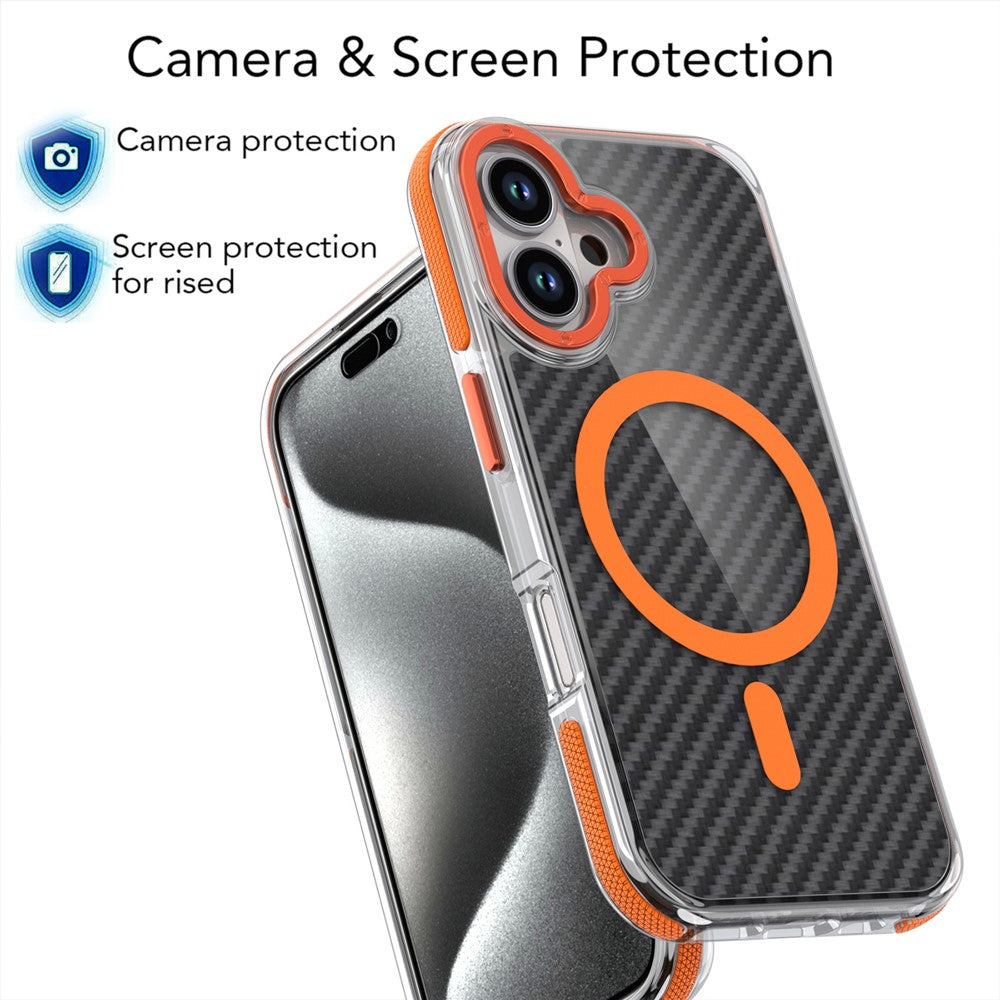 For iPhone 16 Magnetic Case Carbon Fiber Texture Acrylic + TPU Contrast Design Phone Cover