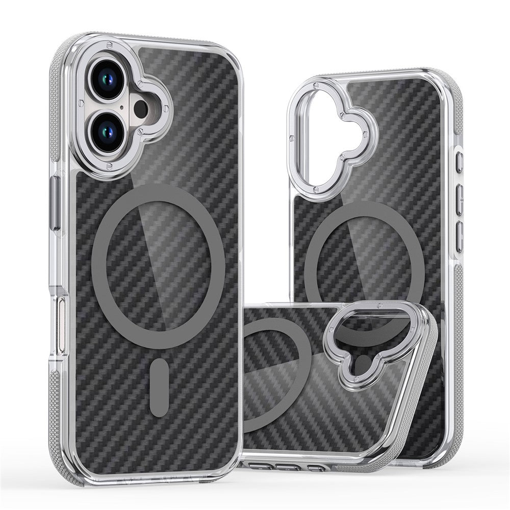 For iPhone 16 Magnetic Case Carbon Fiber Texture Acrylic + TPU Contrast Design Phone Cover