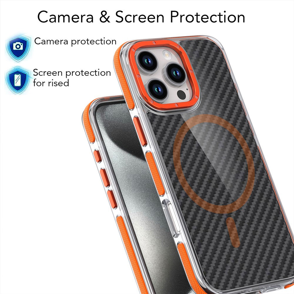 For iPhone 16 Pro Max Magnetic Case Carbon Fiber Texture Acrylic + TPU Contrast Design Phone Cover
