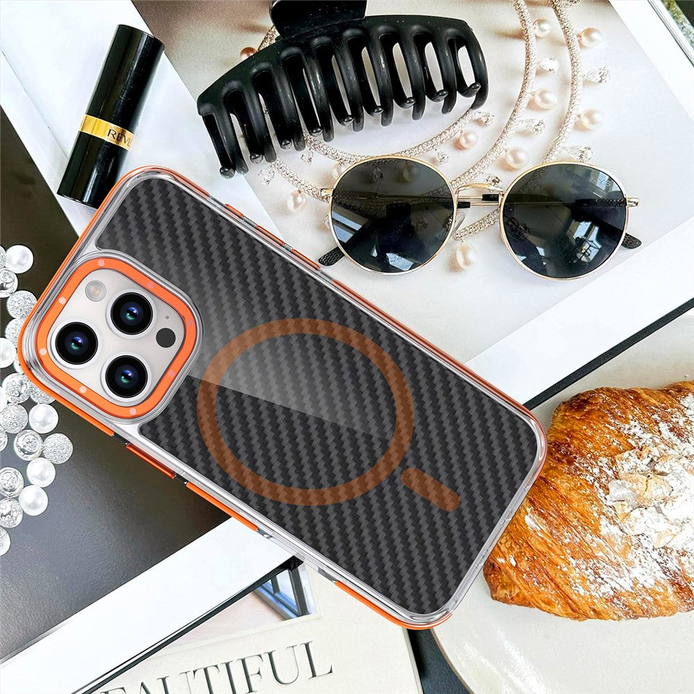For iPhone 16 Pro Max Magnetic Case Carbon Fiber Texture Acrylic + TPU Contrast Design Phone Cover