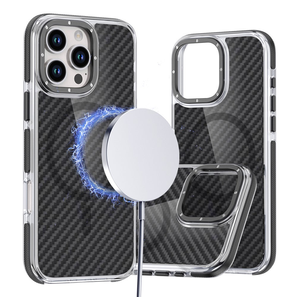 For iPhone 16 Pro Max Magnetic Case Carbon Fiber Texture Acrylic + TPU Contrast Design Phone Cover