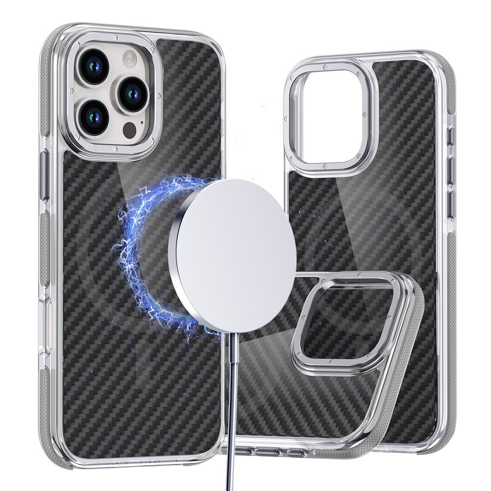 For iPhone 16 Pro Max Magnetic Case Carbon Fiber Texture Acrylic + TPU Contrast Design Phone Cover