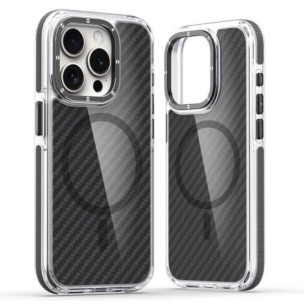 För iPhone 15 Pro Max Magnetiskt skal Kolfiberstruktur Akryl + TPU Kontrastdesign Telefonfodral