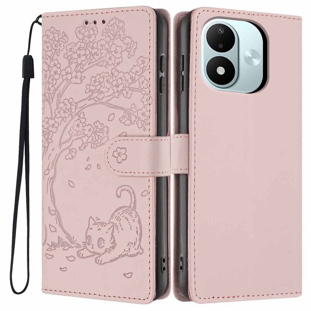 For Xiaomi Redmi Note 17 4G (Global) / Note 17 5G (Global) / Note 17 (India / China) 5G Stand Case Tree-and-Cat Pattern PU Leather Wallet Protective Phone Cover with Wrist Strap