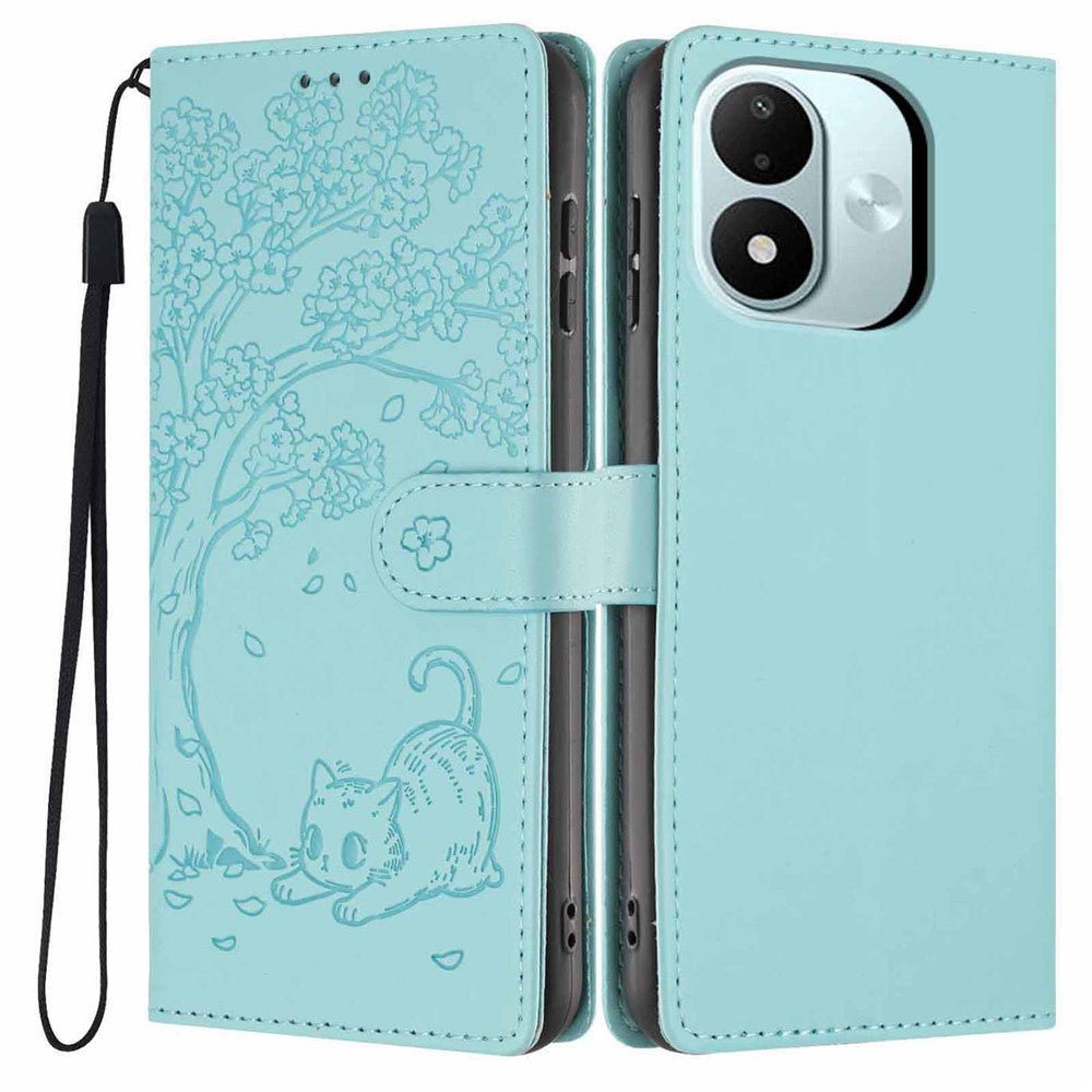 For Xiaomi Redmi Note 17 4G (Global) / Note 17 5G (Global) / Note 17 (India / China) 5G Stand Case Tree-and-Cat Pattern PU Leather Wallet Protective Phone Cover with Wrist Strap