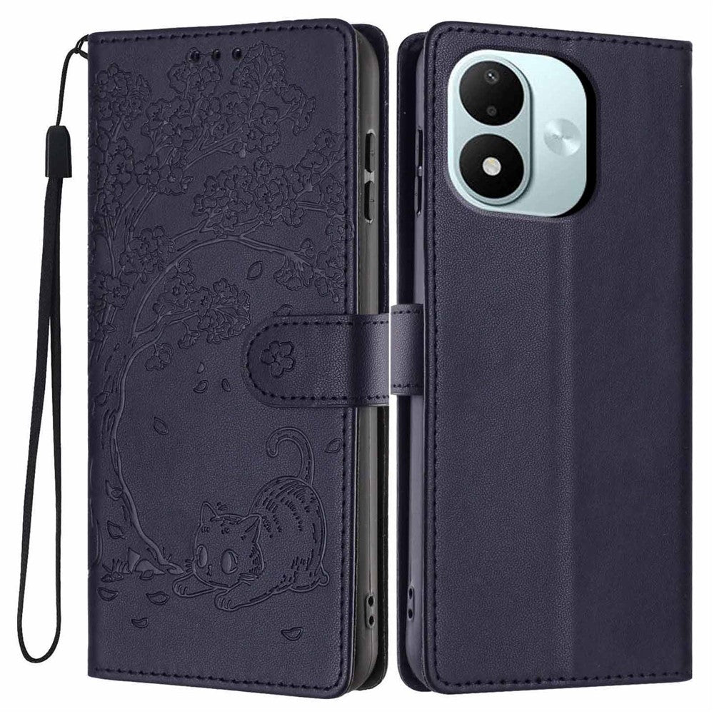 Xiaomi Redmi Note 17 4G (Global) / Note 17 5G (Global) / Note 17 (Indien/Kina) 5G-stativetui med træ- og kattemønster, PU-læderpung med beskyttende mobilcover og håndledsrem