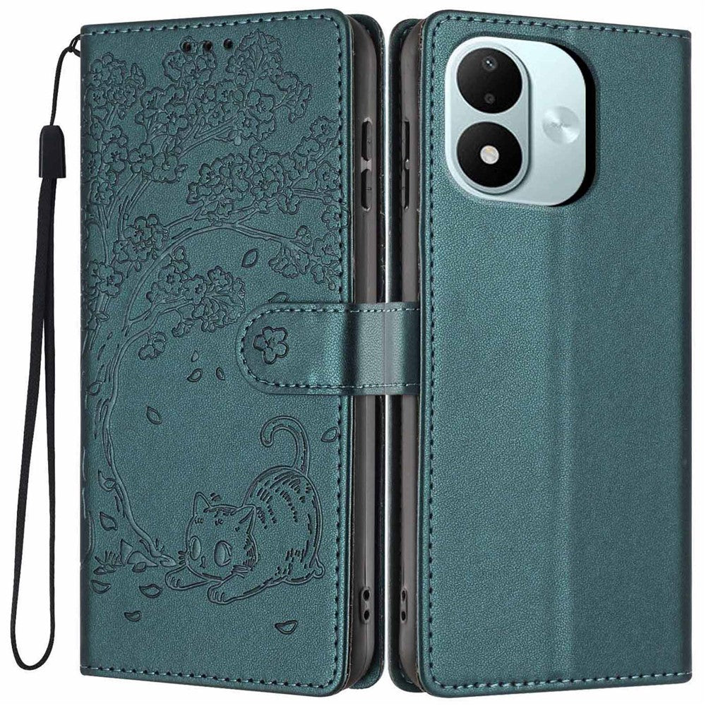 For Xiaomi Redmi Note 17 4G (Global) / Note 17 5G (Global) / Note 17 (India / China) 5G Stand Case Tree-and-Cat Pattern PU Leather Wallet Protective Phone Cover with Wrist Strap