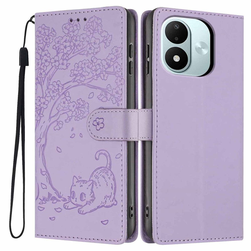 For Xiaomi Redmi Note 17 4G (Global) / Note 17 5G (Global) / Note 17 (India / China) 5G Stand Case Tree-and-Cat Pattern PU Leather Wallet Protective Phone Cover with Wrist Strap