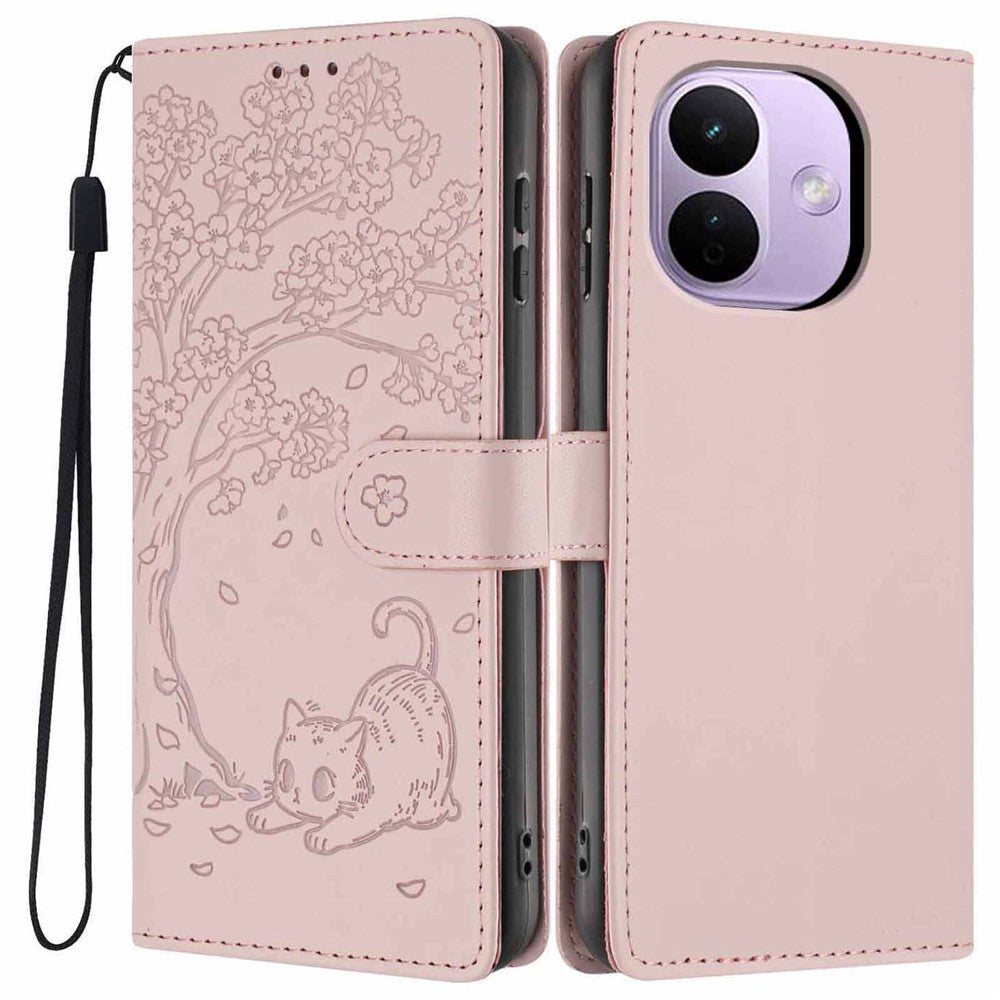 For Xiaomi Redmi Note 17 Pro 5G Stand Case Tree-and-Cat Pattern PU Leather Wallet Protective Phone Cover with Wrist Strap