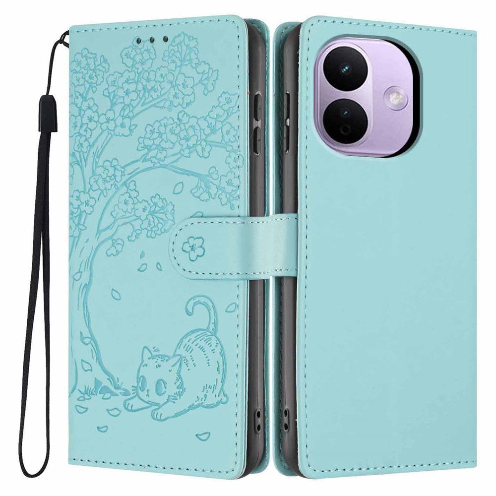 For Xiaomi Redmi Note 17 Pro 5G Stand Case Tree-and-Cat Pattern PU Leather Wallet Protective Phone Cover with Wrist Strap