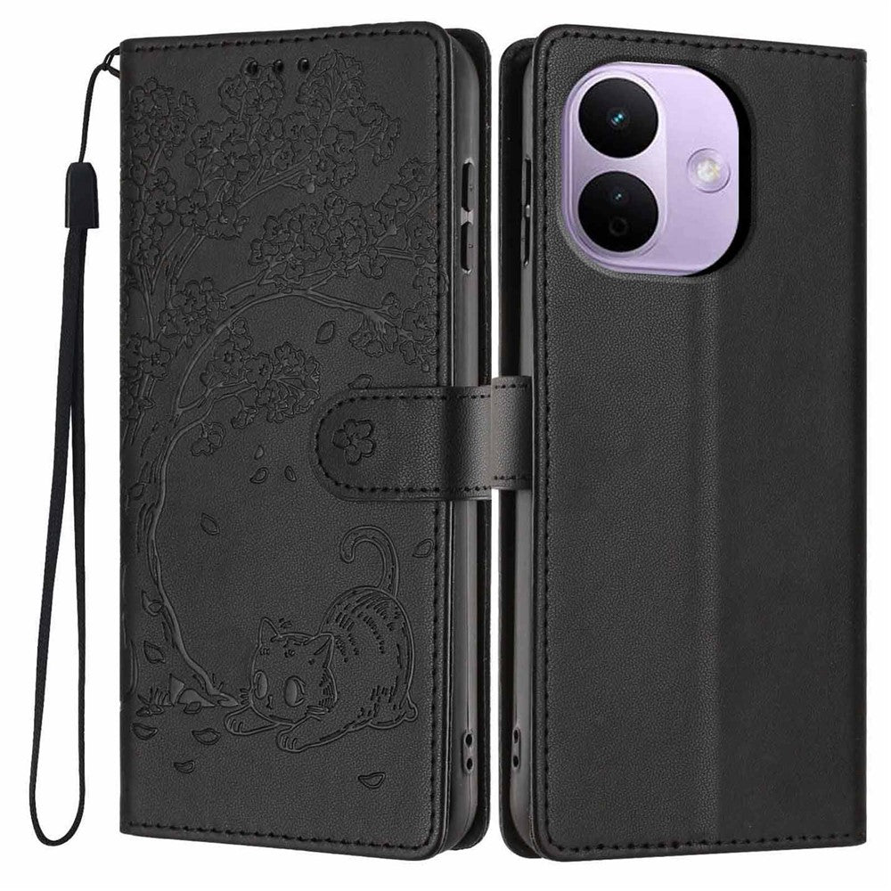 For Xiaomi Redmi Note 17 Pro 5G Stand Case Tree-and-Cat Pattern PU Leather Wallet Protective Phone Cover with Wrist Strap