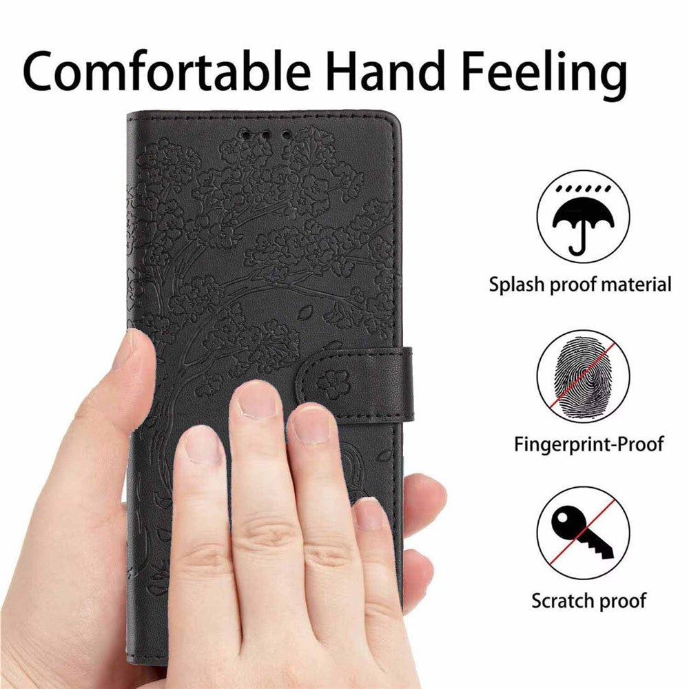 For Xiaomi Redmi Note 17 Pro 5G Stand Case Tree-and-Cat Pattern PU Leather Wallet Protective Phone Cover with Wrist Strap