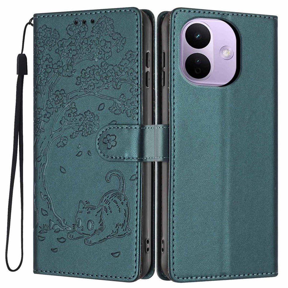 For Xiaomi Redmi Note 17 Pro 5G Stand Case Tree-and-Cat Pattern PU Leather Wallet Protective Phone Cover with Wrist Strap