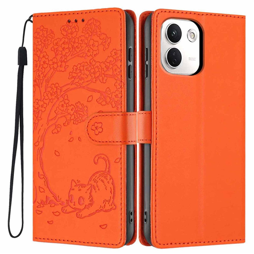 For Xiaomi Redmi Note 17 Pro+ 5G / Note 17 Pro Max 5G Stand Case Tree-and-Cat Pattern PU Leather Wallet Protective Phone Cover with Wrist Strap