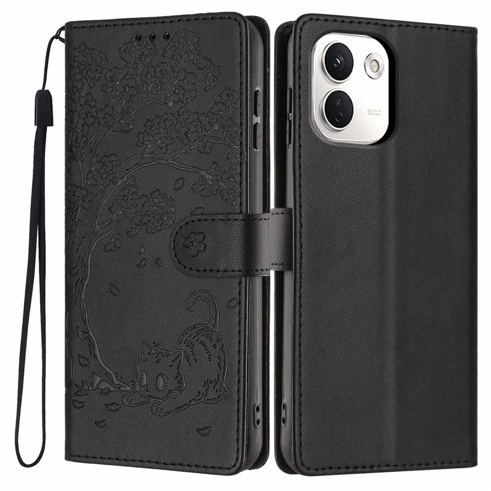 For Xiaomi Redmi Note 17 Pro+ 5G / Note 17 Pro Max 5G Stand Case Tree-and-Cat Pattern PU Leather Wallet Protective Phone Cover with Wrist Strap