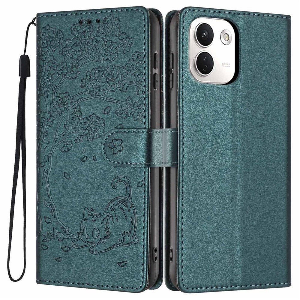 For Xiaomi Redmi Note 17 Pro+ 5G / Note 17 Pro Max 5G Stand Case Tree-and-Cat Pattern PU Leather Wallet Protective Phone Cover with Wrist Strap