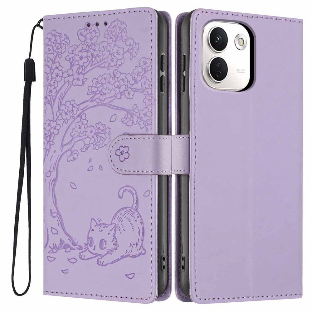 For Xiaomi Redmi Note 17 Pro+ 5G / Note 17 Pro Max 5G Stand Case Tree-and-Cat Pattern PU Leather Wallet Protective Phone Cover with Wrist Strap