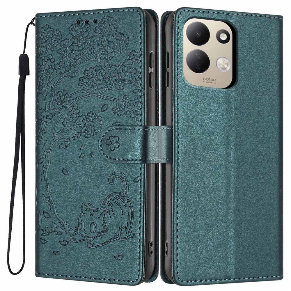 For Xiaomi Redmi 17 4G / 5G Stand Case Tree-and-Cat Pattern PU Leather Wallet Protective Phone Cover with Wrist Strap