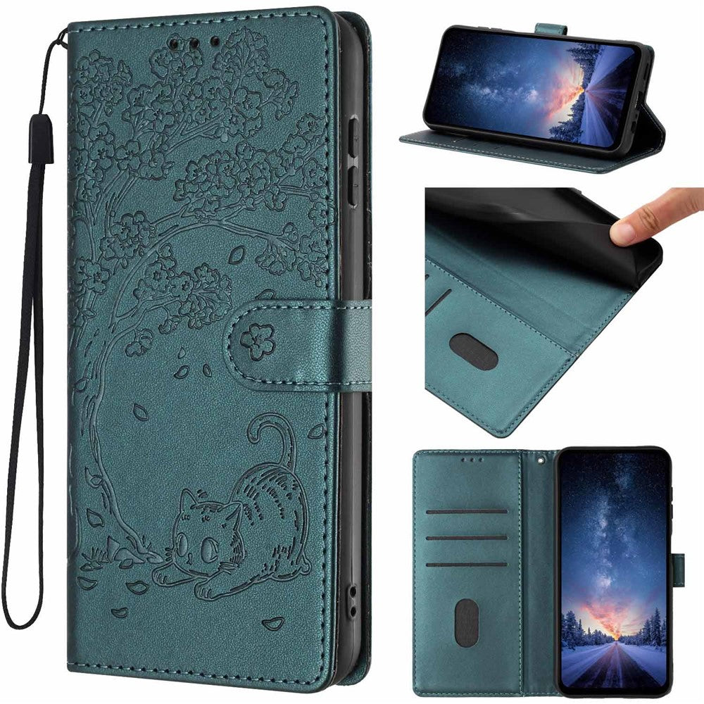 For Xiaomi Redmi 17 4G / 5G Stand Case Tree-and-Cat Pattern PU Leather Wallet Protective Phone Cover with Wrist Strap