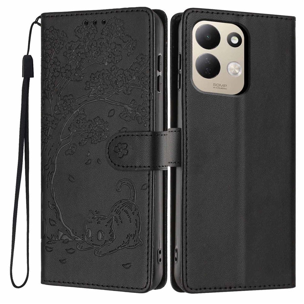For Xiaomi Redmi 17 4G / 5G Stand Case Tree-and-Cat Pattern PU Leather Wallet Protective Phone Cover with Wrist Strap