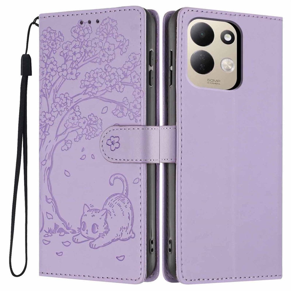 For Xiaomi Redmi 17 4G / 5G Stand Case Tree-and-Cat Pattern PU Leather Wallet Protective Phone Cover with Wrist Strap
