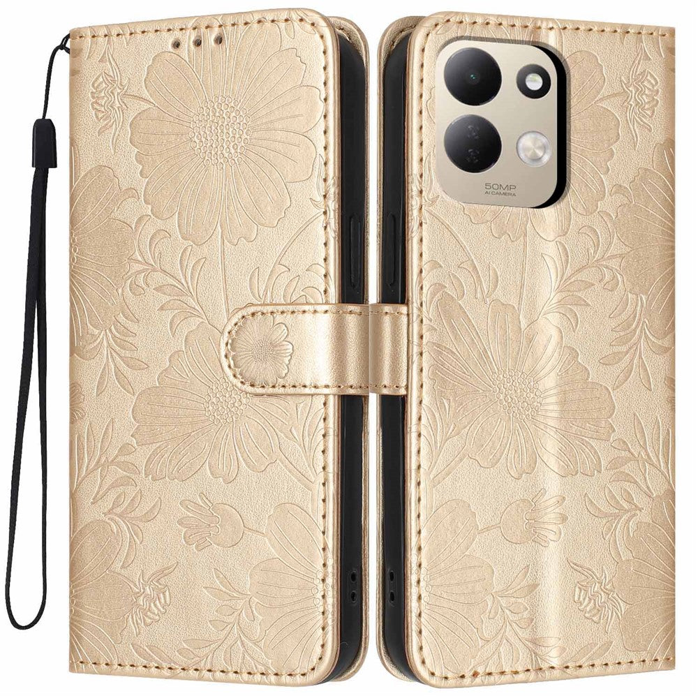 For Xiaomi Redmi 17 4G / 5G Wallet Case Imprint Floral PU Leather Stand Flip Phone Cover with Wrist Strap