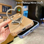 2-in-1 Makeup Mirror Kickstand Phone Case for iPhone 17 Metallic Paint PC+TPU Back Cover