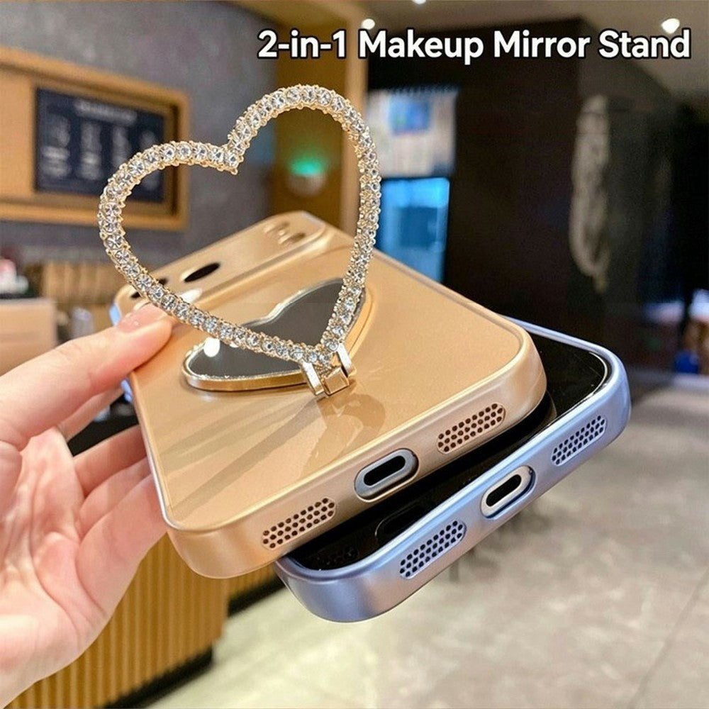 2-in-1 Makeup Mirror Kickstand Phone Case for iPhone 17 Metallic Paint PC+TPU Back Cover