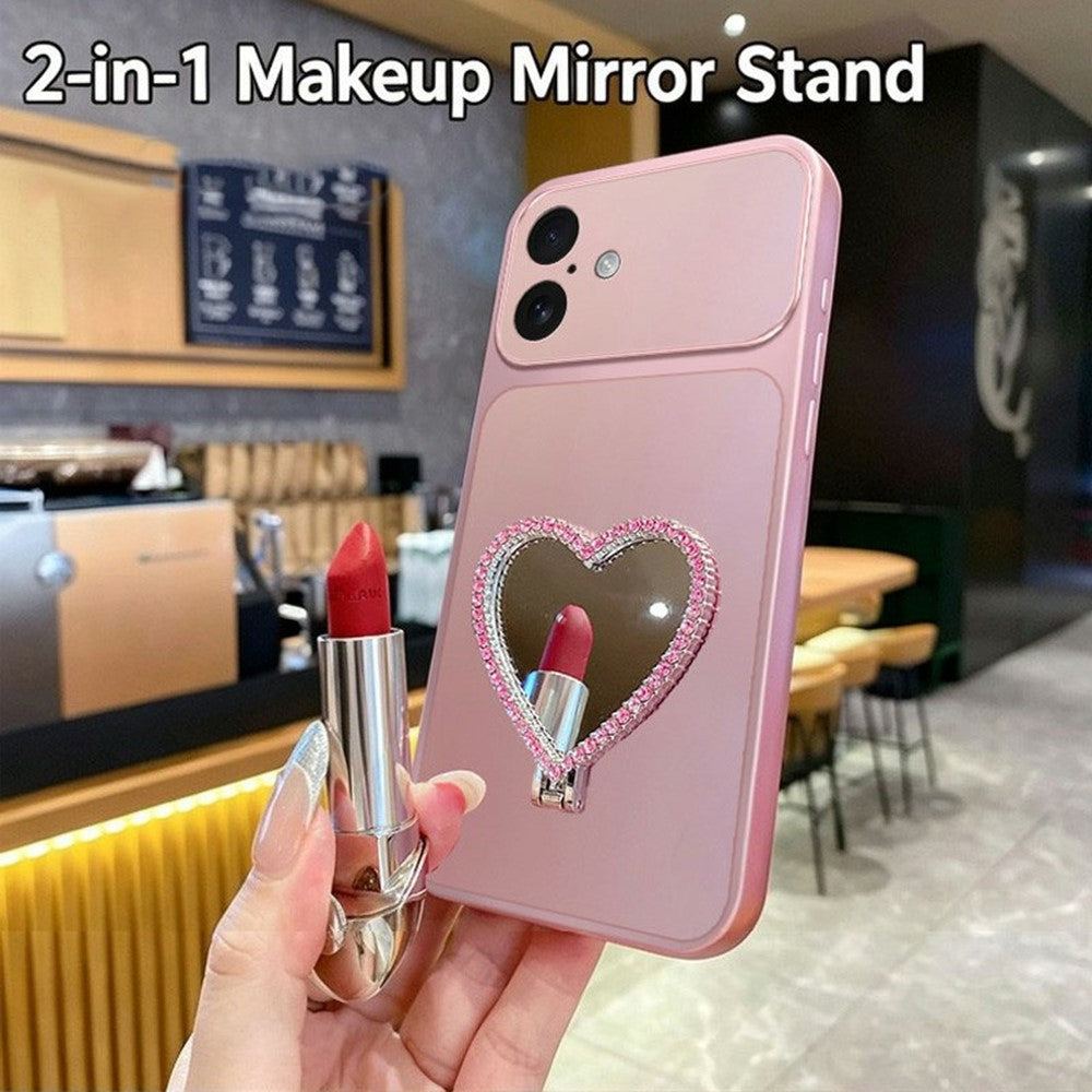2-in-1 Makeup Mirror Kickstand Phone Case for iPhone 17 Metallic Paint PC+TPU Back Cover