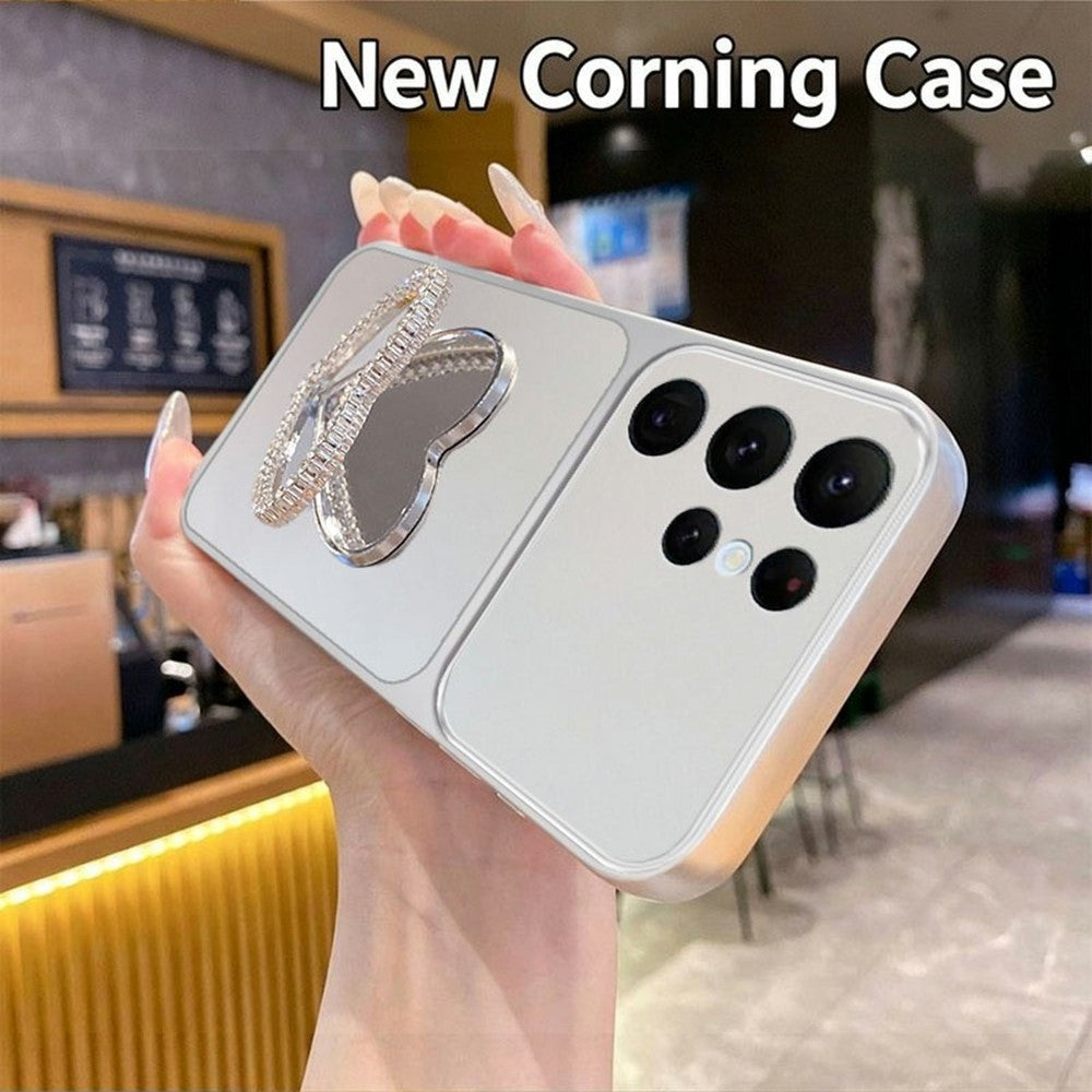 2-in-1 Makeup Mirror Kickstand Phone Case for Samsung Galaxy S26 Ultra Metallic Paint PC+TPU Back Cover