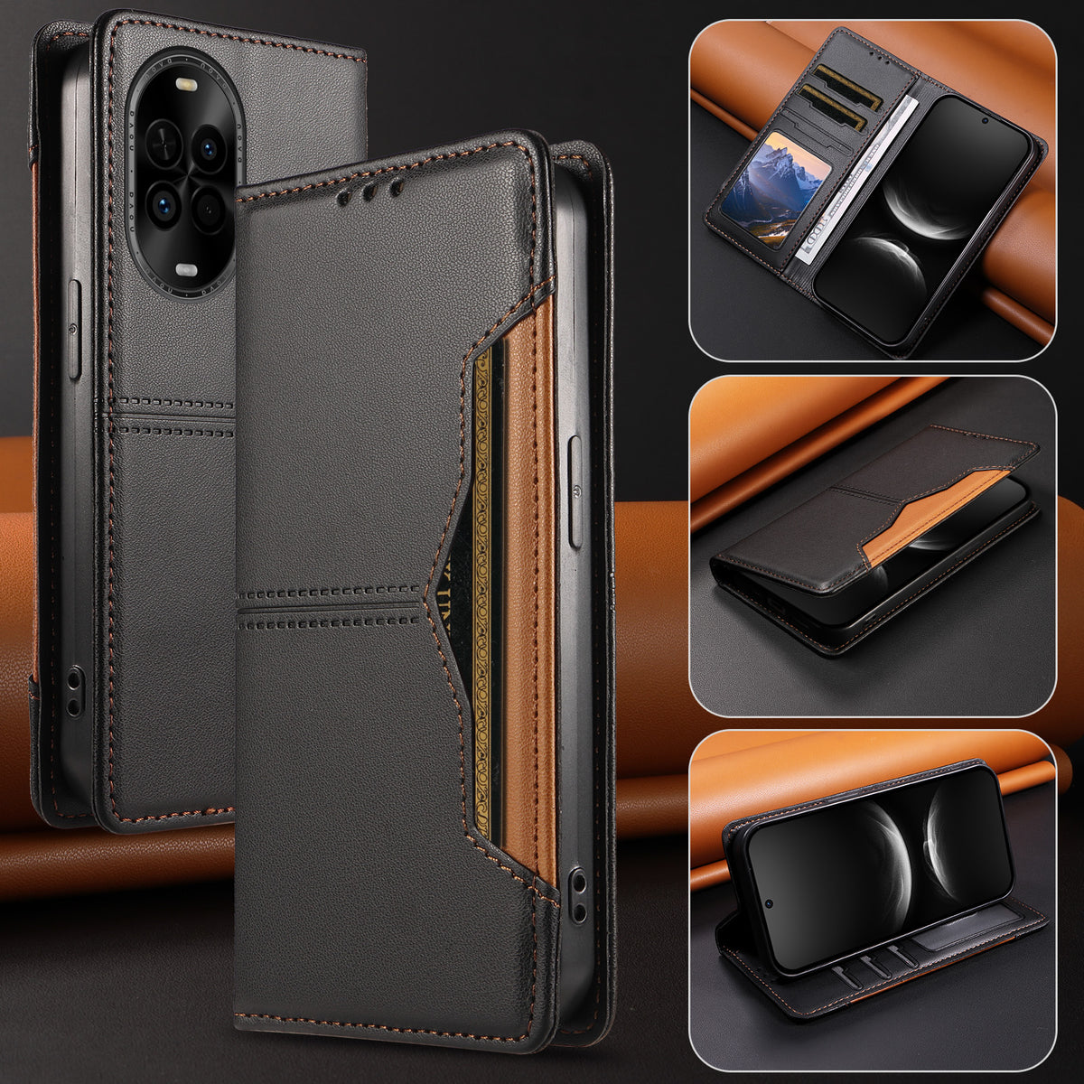 Huawei nova 14 5G / Huawei nova 14 Lite 5G / Huawei nova 15 5G plånboksfodral med externt kortfack, magnetisk stängning, läderfodral