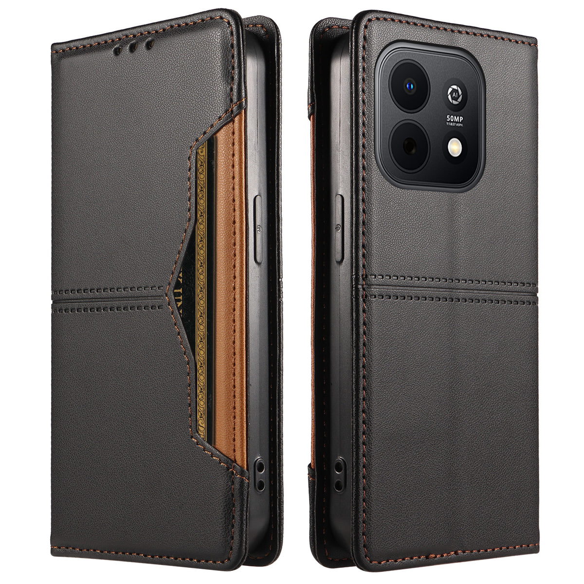 Huawei Enjoy 90 Plus / Huawei Enjoy 90, tegnebogsetui i læder med ekstern kortlomme og magnetisk lukning