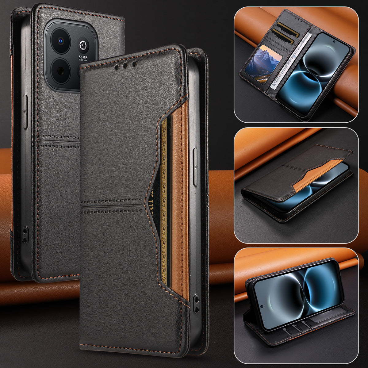Huawei Enjoy 90 Plus / Huawei Enjoy 90 Plånboksfodral med externt kortfack, magnetisk stängning, läderfodral