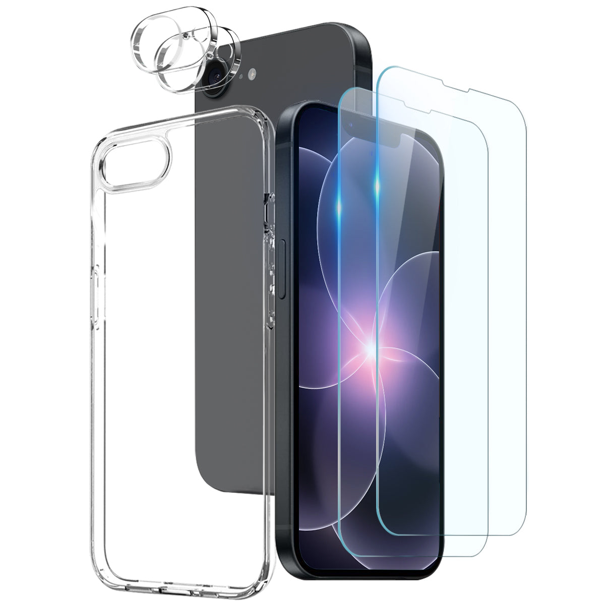 NORTHJO til iPhone 16e / iPhone 17e TPU telefoncover med 2 stk. skærmbeskyttere foran + 2 stk. linsefilm