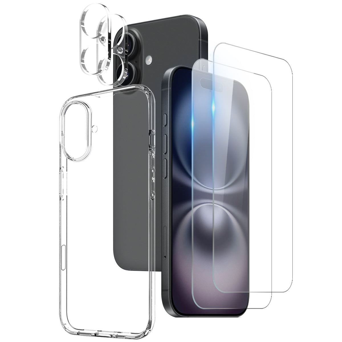 NORTHJO til iPhone 16 Plus TPU telefoncover med 2 stk. skærmbeskytter + 2 stk. linsefilm