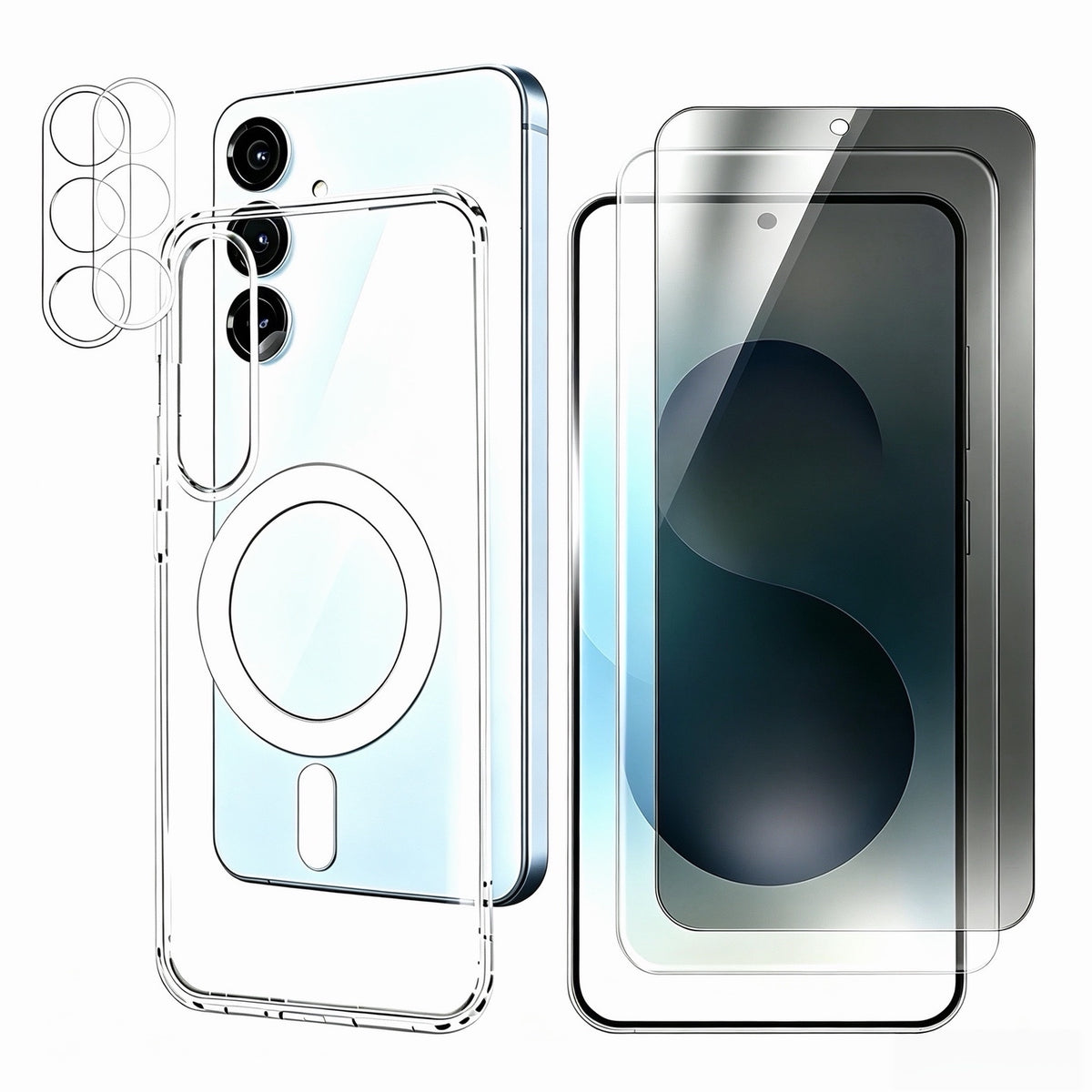 For Samsung Galaxy A25 5G (Global) (161mm) Magnetic Case Clear Phone Cover with 2Pcs Camera Protectors + 1Pc Clear Screen Protector + 1Pc Anti-spy Screen Protector