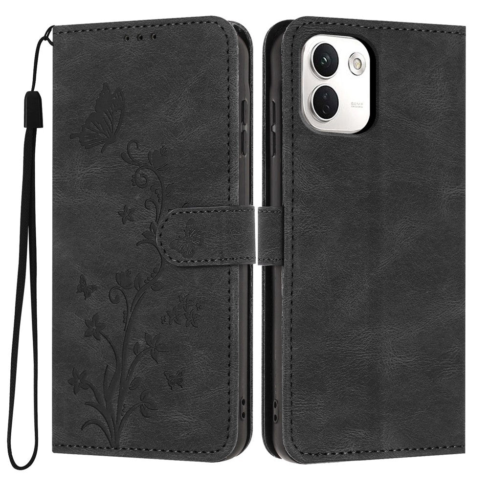 Wallet Case for Xiaomi Redmi Note 17 Pro+ 5G  /  17 Pro Max 5G Butterfly Flower Imprint PU Leather Phone Cover with Wrist Strap