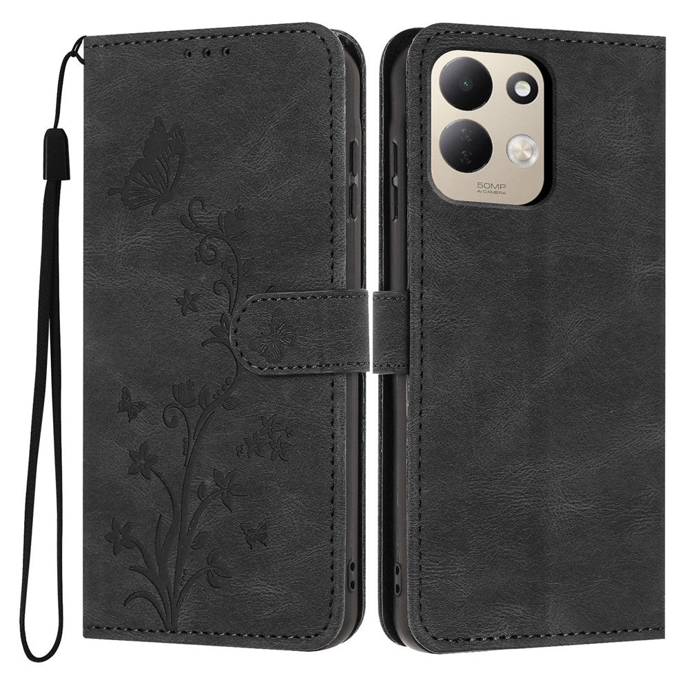 Wallet Case for Xiaomi Redmi 17 4G  /  17 5G Butterfly Flower Imprint PU Leather Phone Cover with Wrist Strap