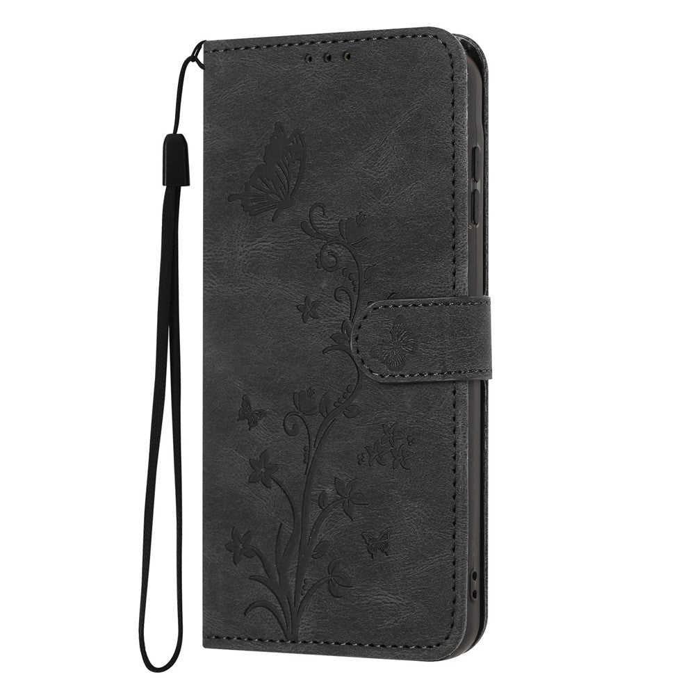Wallet Case for Xiaomi Redmi 17 4G  /  17 5G Butterfly Flower Imprint PU Leather Phone Cover with Wrist Strap