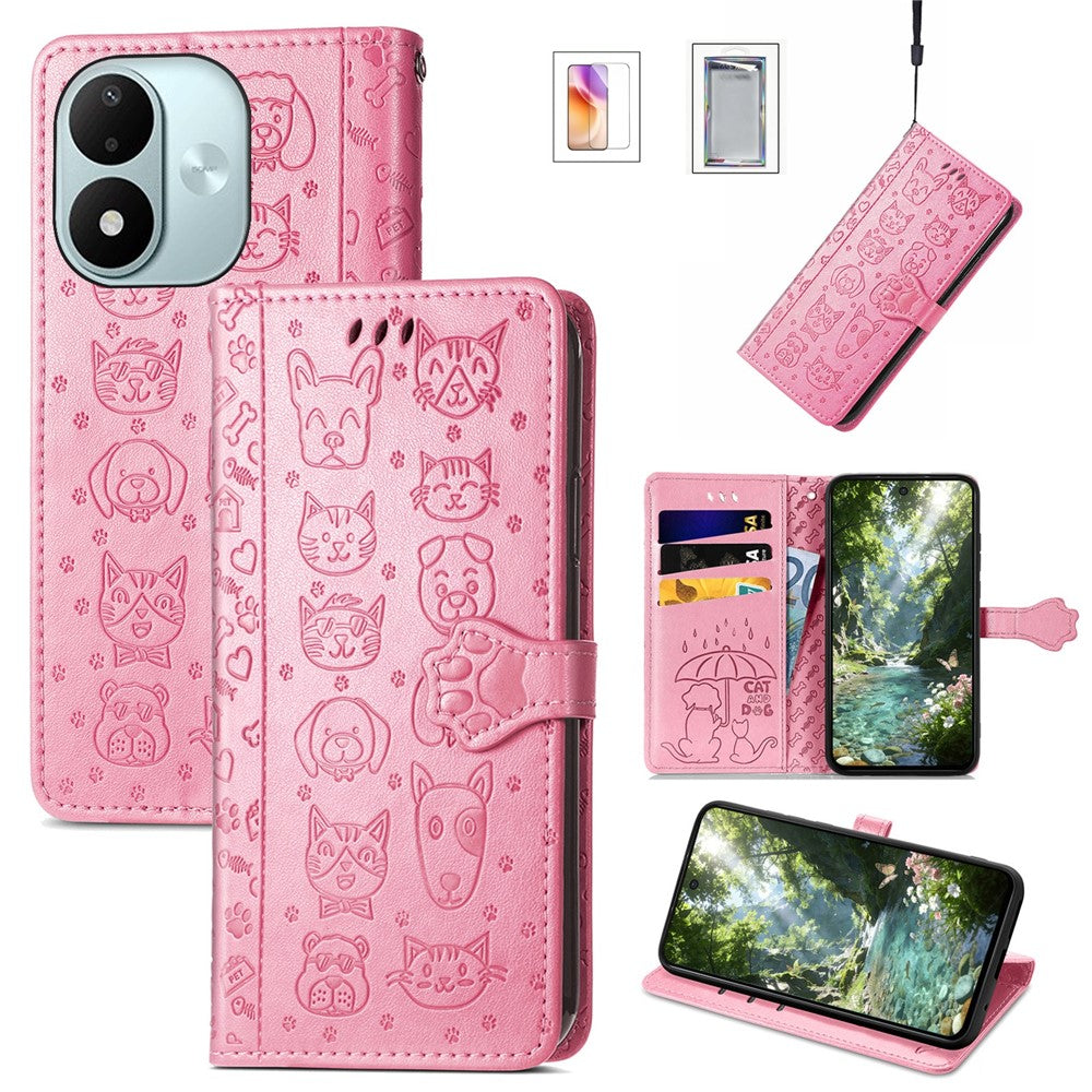 For Xiaomi Redmi Note 17 4G (Global) / Note 17 5G (Global) / Note 17 (India / China) 5G Case with Tempered Glass Screen Protector Cute Cat Dog Pattern PU Leather Wallet Phone Cover