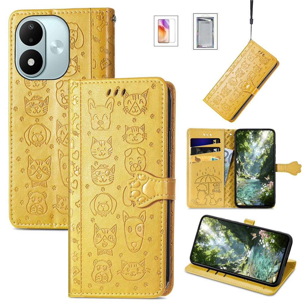 For Xiaomi Redmi Note 17 4G (Global) / Note 17 5G (Global) / Note 17 (India / China) 5G Case with Tempered Glass Screen Protector Cute Cat Dog Pattern PU Leather Wallet Phone Cover
