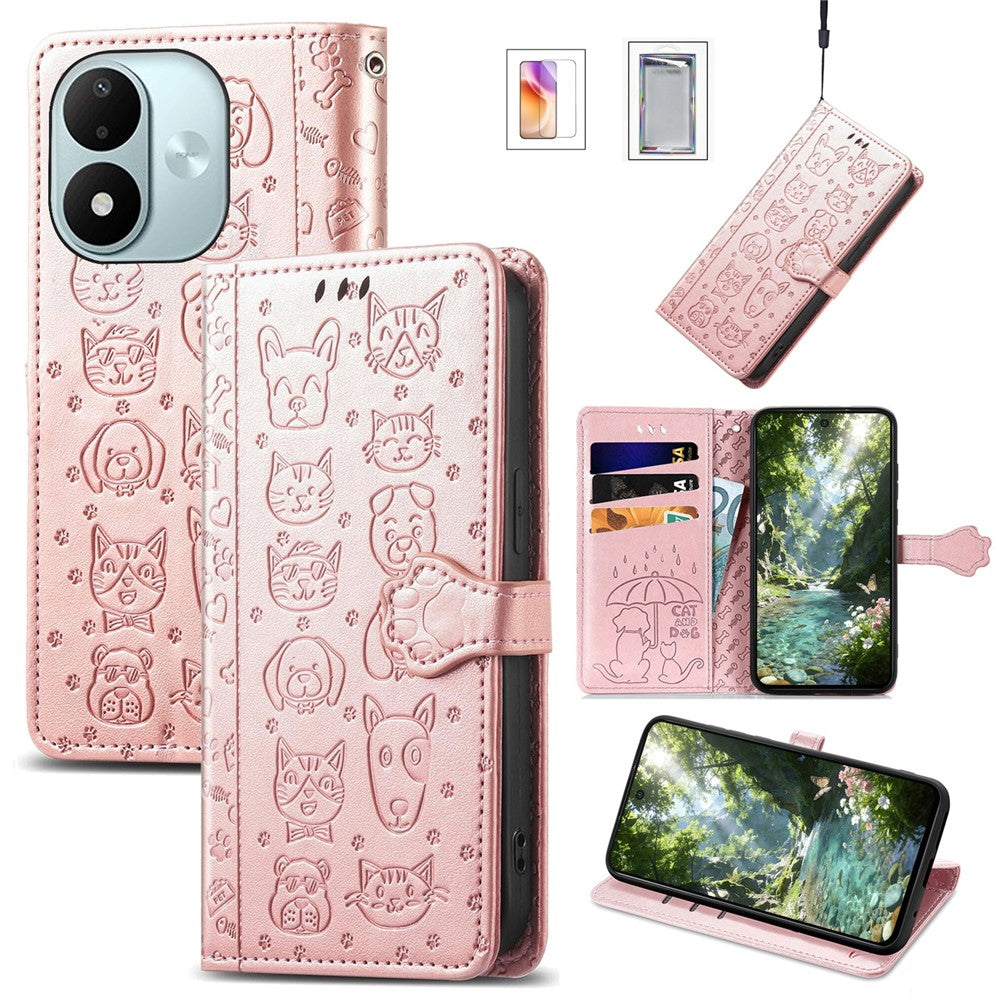 For Xiaomi Redmi Note 17 4G (Global) / Note 17 5G (Global) / Note 17 (India / China) 5G Case with Tempered Glass Screen Protector Cute Cat Dog Pattern PU Leather Wallet Phone Cover
