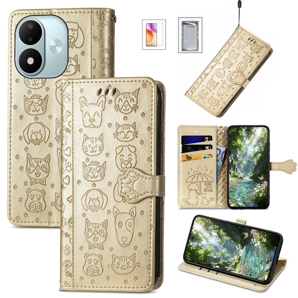For Xiaomi Redmi Note 17 4G (Global) / Note 17 5G (Global) / Note 17 (India / China) 5G Case with Tempered Glass Screen Protector Cute Cat Dog Pattern PU Leather Wallet Phone Cover